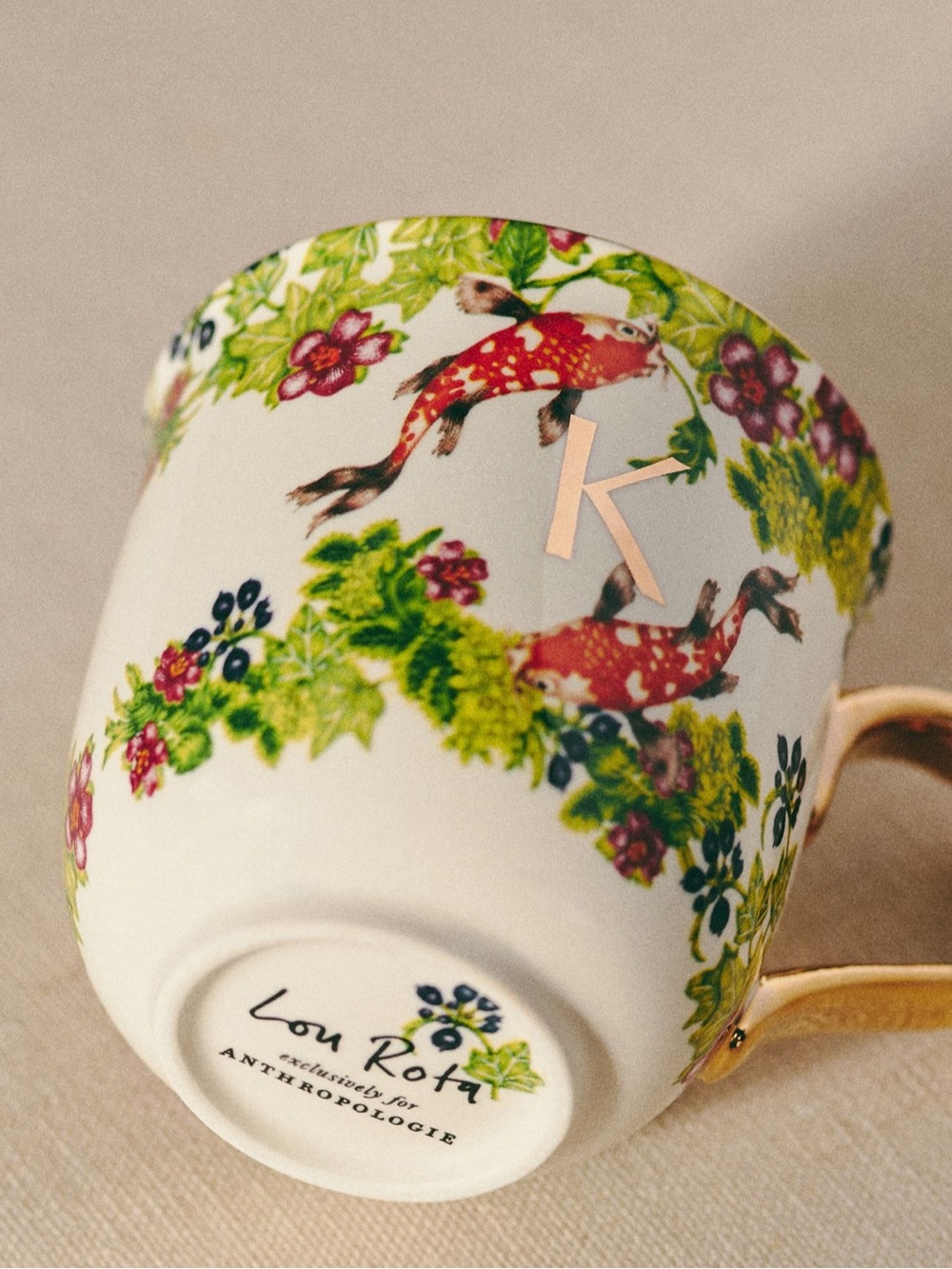 Anthropologie Lou Rota Floral Mug with Red Koi & Gold Monogram K